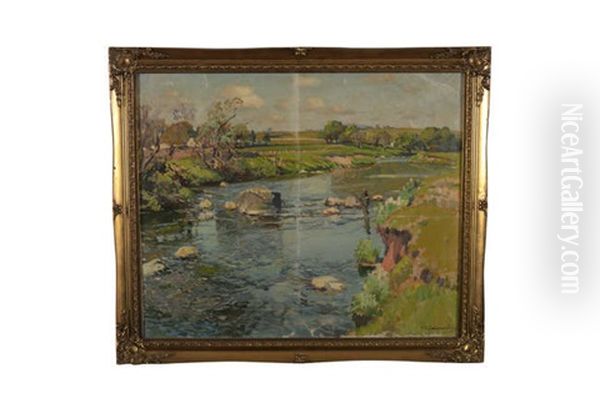 River Landscape With Figure Oil Painting by Samuel John Lamorna Birch