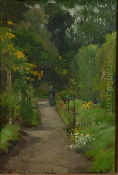 Houton His Fiance On The Path Of Her Camborne Home Oil Painting by Samuel John Lamorna Birch