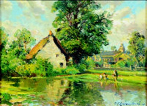 Old Cottage And Village Hall At Biddestone, Wilts Oil Painting by Samuel John Lamorna Birch