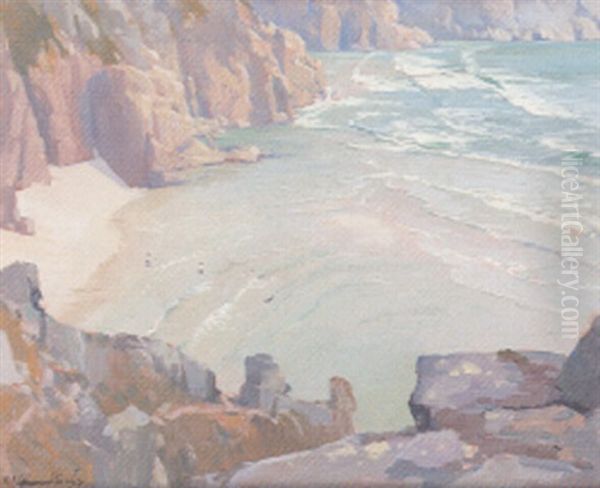 Swimming In Pedn-e-vounder Bay Oil Painting by Samuel John Lamorna Birch