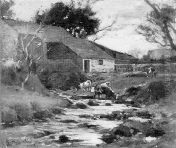 Cattle Drinking Oil Painting by Samuel John Lamorna Birch