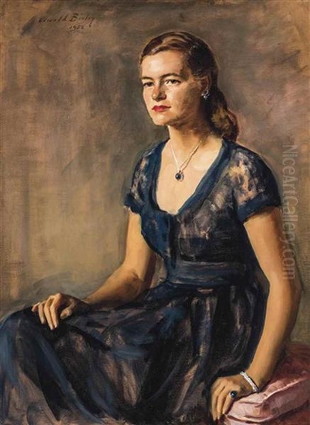 Portrait Of Pamela Woolworth, In A Blue Dress Oil Painting by Oswald (Sir) Birley