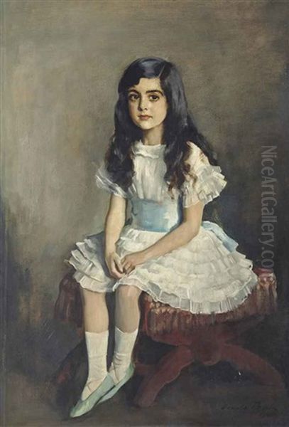 Portrait Of A Young Girl, Full-length, In A White Dress Sitting On A Red Stool Oil Painting by Oswald (Sir) Birley