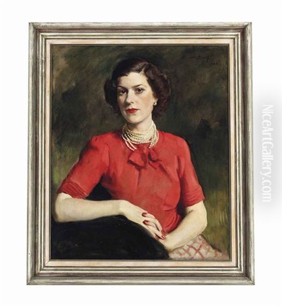 Portrait Of A Lady In A Red Pussy Bow Blouse Oil Painting by Oswald (Sir) Birley