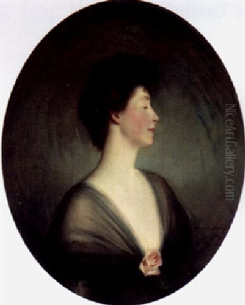 Portrait Of Lady Buchan-hepburn, Half-length, In A Black Dress And Corsage Oil Painting by Oswald (Sir) Birley