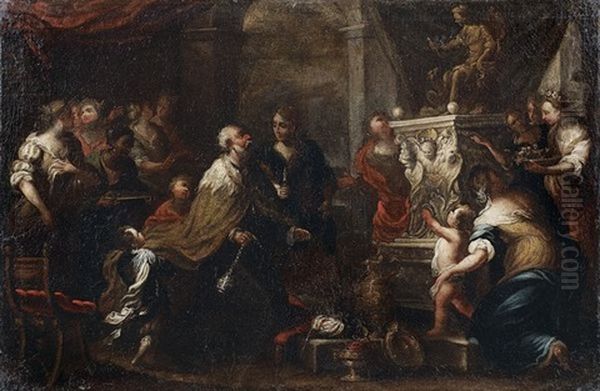 Salomon Sacrifiant Aux Idoles (+ Moise Sauve Des Eaux; Pair) Oil Painting by Bartolomeo Biscaino