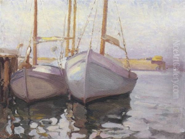 Moored Boats Oil Painting by Franz Arthur Bischoff