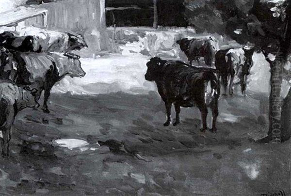 Bulls Oil Painting by Franz Arthur Bischoff