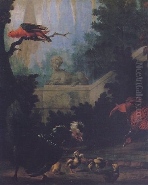 A Peacock, Parrot And Chickens In A Landscape Oil Painting by Abraham Bisschop Dordrecht