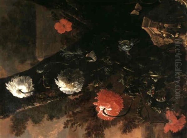 A Ruined Classical Capital Lying Amongst Irises, Poppies    And Nasturtiums Beneath A Tree Oil Painting by Abraham Bisschop