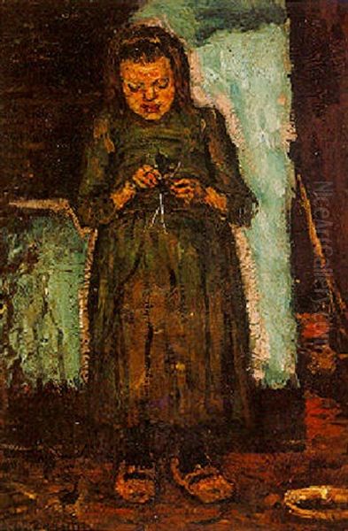 A Girl Knitting Oil Painting by Suze Bisschop-Robertson