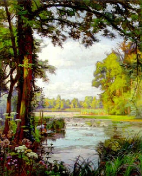 A Woman Washing In A Pond Oil Painting by Henri Biva