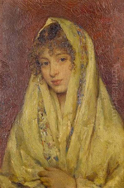 Girl In A Yellow Shawl Oil Painting by Eugen von Blaas
