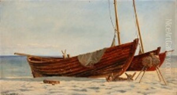 Fishing Boats On A Beach In Skagen Oil Painting by Christian Vigilius Blache