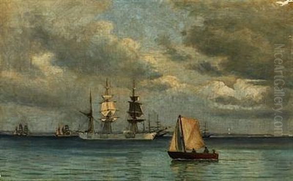 Seascape With Several Sailing Ships Off A Coast Oil Painting by Christian Blache