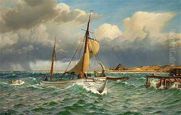 Hal Ned Storsejlet. Vestero Havn Paa Laeso Oil Painting by Christian Blache