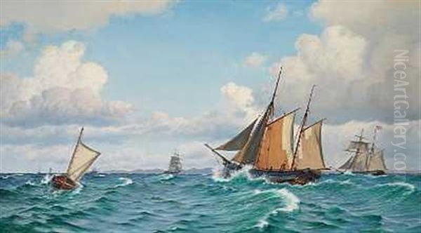 Sejlskibe Pa Havet, I Baggrunden Ses Den Svenske Kyst Oil Painting by Christian Blache
