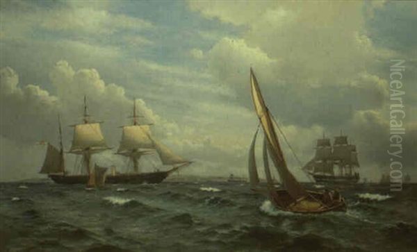 Danish Frigate And Other Shipping Off The White Cliffs Oil Painting by Christian Blache