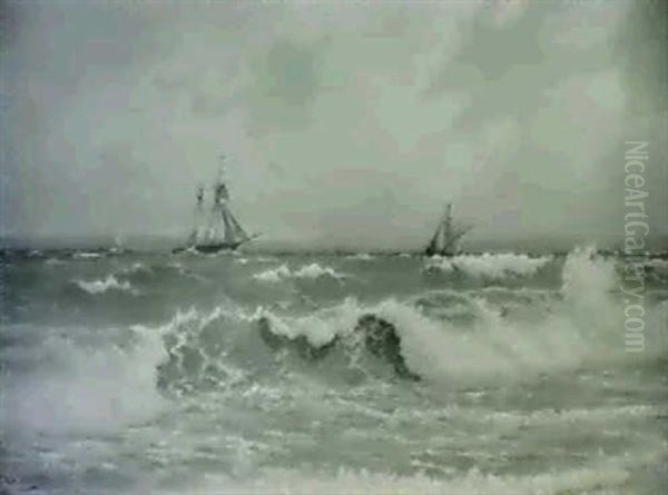 Kystparti Med Braending, I                                  Baggrunden Sejllskibe I Frisk Vind Oil Painting by Christian Blache