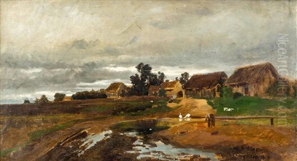 Bauernhauser Am Wasser Oil Painting by Tina Blau-Lang