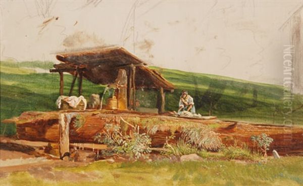 Wascherin Am Holzbrunnen Oil Painting by Tina Blau-Lang