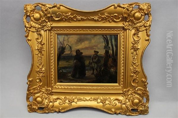 Figures Walking Along A Wooded Pathway Oil Painting by David Bles
