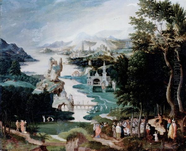 Weite Uberschaulandschaft Mit Episoden Aus Dem Leben Johannes Des Taufers Oil Painting by Herri met de Bles