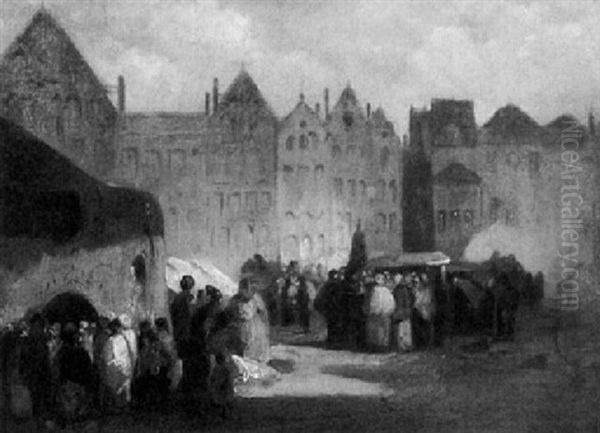 Markt In Einer Belgischen Stadt Oil Painting by Eugene Francois De Block