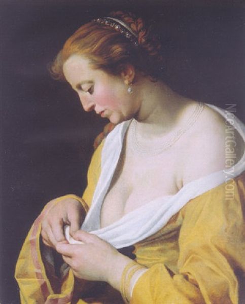 A Woman, Standing Half Length In Profile To The Left, Catching Flees Oil Painting by Abraham Bloemaert
