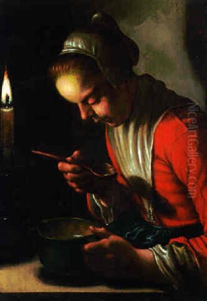 A Peasant Girl Eating By Candlelight Oil Painting by Hendrick Bloemaert