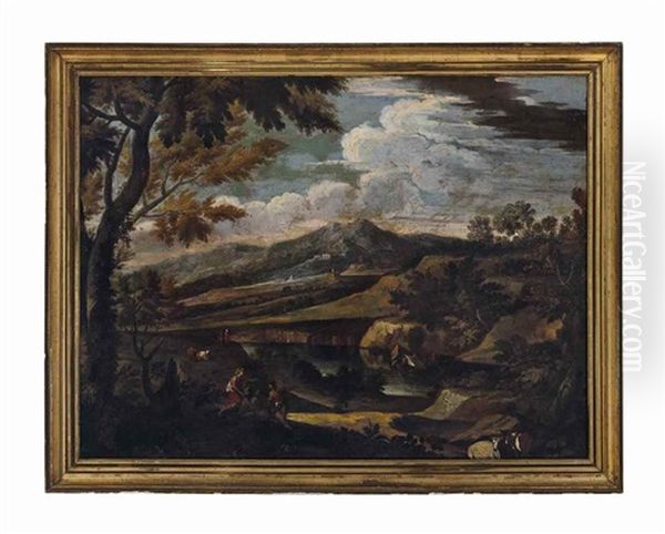An Arcadian River Landscape With Figures Resting On A Path Oil Painting by Jan Frans van Bloemen