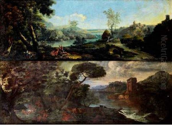 Repos Des Bergers Dans Un Paysage De Riviere (+ Paysage De Cascade Domine Par Des Ruines Antiques, Various Sizes; 2 Works) Oil Painting by Jan Frans van Bloemen
