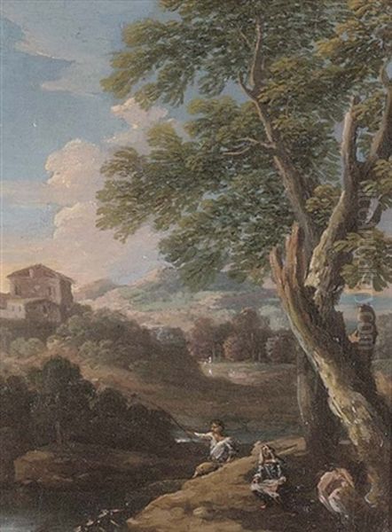 A Wooded River Landscape With Anglers By A Tree, A Villa Beyond Oil Painting by Jan Frans van Bloemen