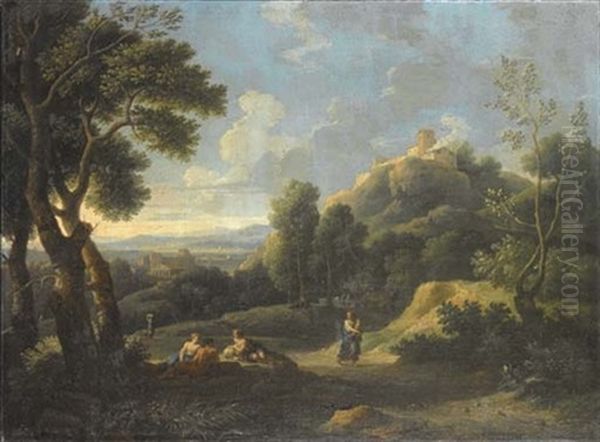 Paesaggio Con Figure (+ Paesaggio Turrito; 2 Works) Oil Painting by Jan Frans van Bloemen