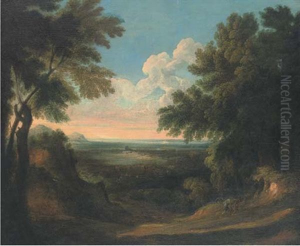 A Wooded Landscape With Two Figures In The Foreground Oil Painting by Jan Frans van Bloemen