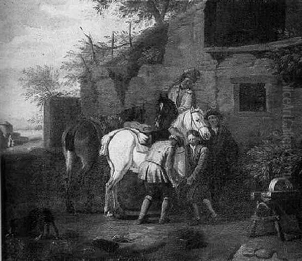 Travelers At Blacksmith's Oil Painting by Pieter van Bloemen