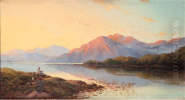 Lake Scene With Children Playing Rotoma District Oil Painting by Charles Blomfield