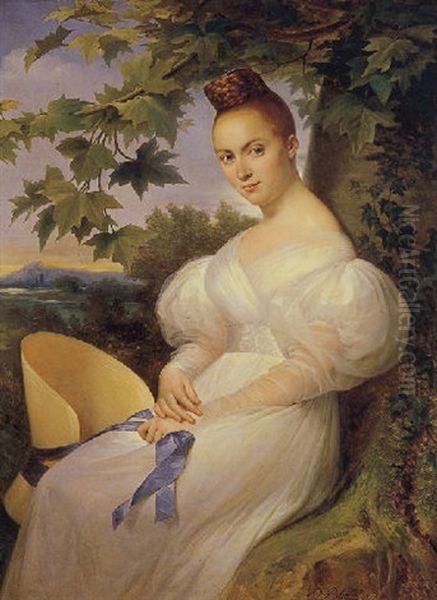 Portrait Of A Woman Seated Beneath A Tree Oil Painting by Merry-Joseph Blondel