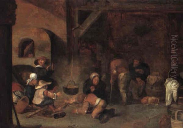 The Interior Of A Barn With Peasants Warming Themselves by Pieter de Bloot