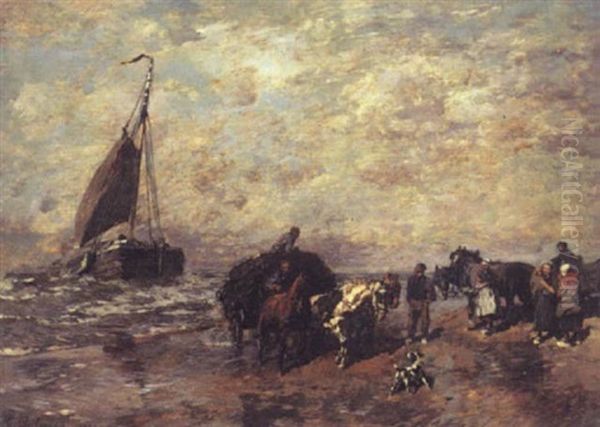 Fisherfolk On A Beach Oil Painting by Gregor von Bochmann the Elder