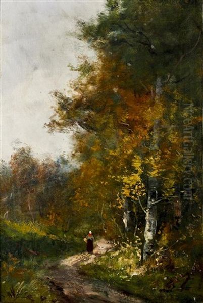 On A Sandy Path In Autumn Oil Painting by Theophile Emile Achille De Bock