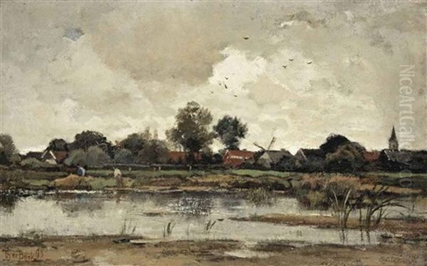 Achter Het Dorp (a River Landscape) Oil Painting by Theophile Emile Achille De Bock