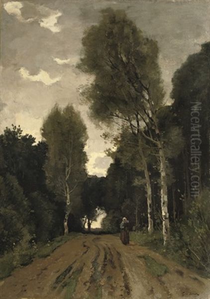 Walking Along A Woodland Path Oil Painting by Theophile De Bock