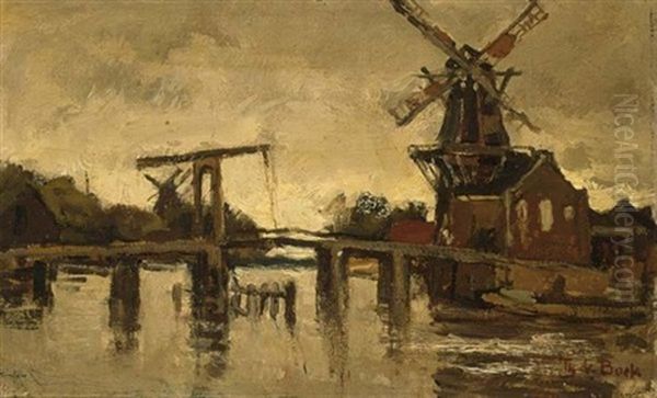 Draw Bridge With Windwill De Adriaan, Haarlem Oil Painting by Theophile De Bock