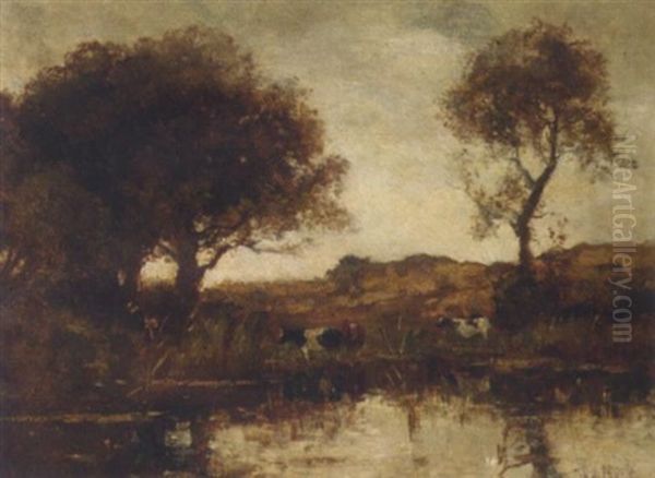 Watering Cows By A Tree-lined Pond Oil Painting by Theophile De Bock