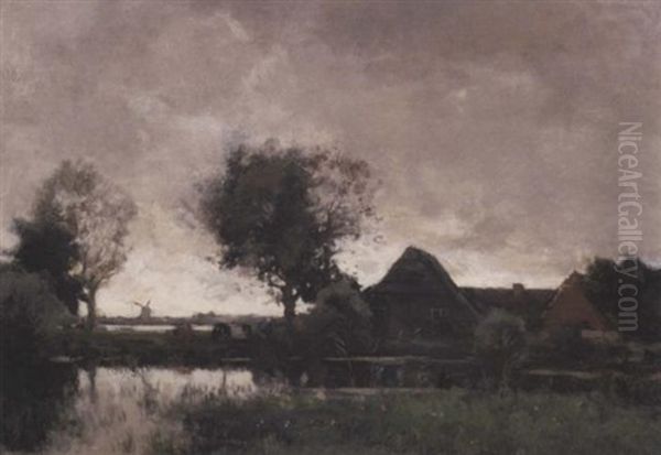 A Polder Landscape With A Farm At Dusk Oil Painting by Theophile De Bock