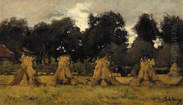 A Peasant Woman At Work Among Sheaves Oil Painting by Theophile Emile Achille De Bock