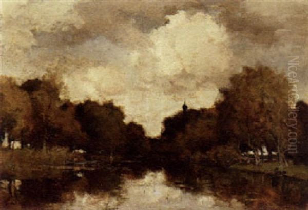 A Wooded River Landscape Oil Painting by Theophile De Bock