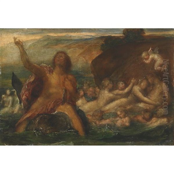 Neptune Riding A Dolphin With Nereids, Tritons And Cherubs Riding The Swell Oil Painting by Arnold Boecklin