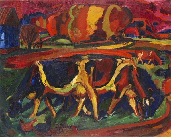 Landschaft Mit Kuhen Oil Painting by Peter August Boeckstiegel